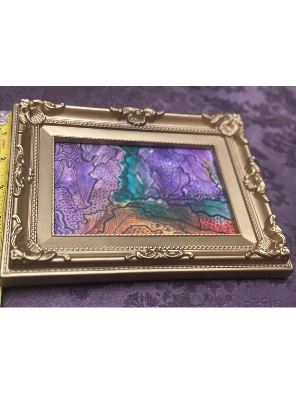 Gold Ornate Picture Frame with Colorful Abstract Multimedia Miniature Signed Art